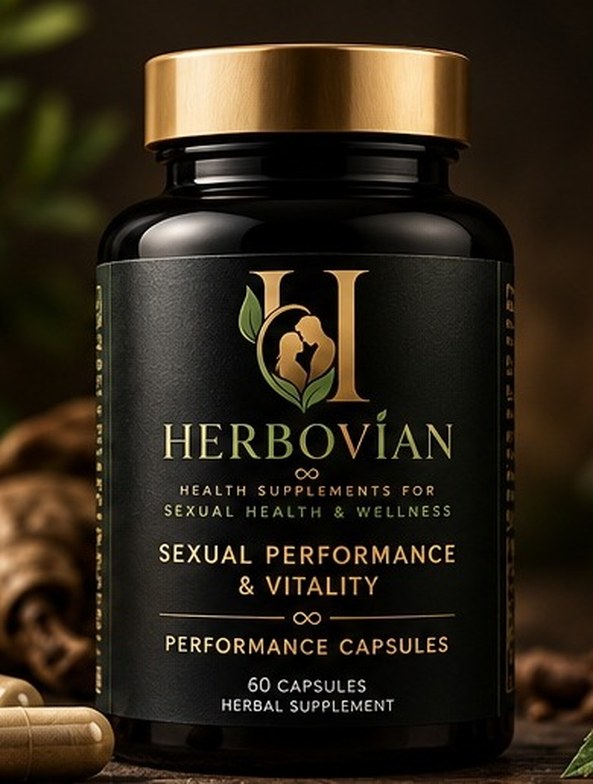 Herbovian Performance Capsules bottle photographed among natural herbs — 60 herbal capsules for stamina, endurance and confidence